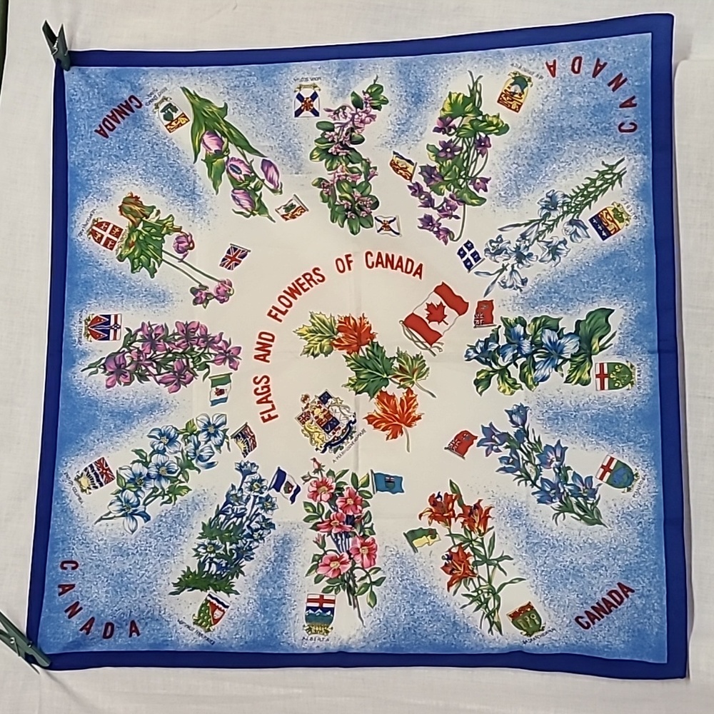 Vintage Flags and Flowers of  Canada Souvenir Scarf 26" Square
